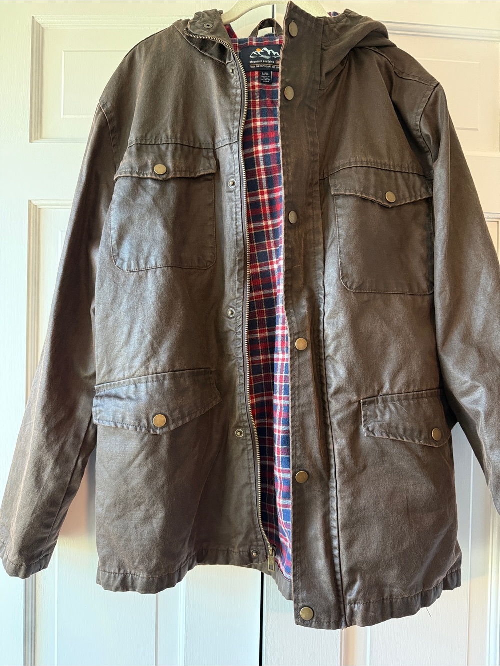 Mountain & Isles Men's Waxed Cotton Jacket Brown Hooded Plaid Flannel Lining Med